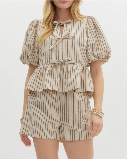 Striped Short Bubble Sleeve Babydoll Top