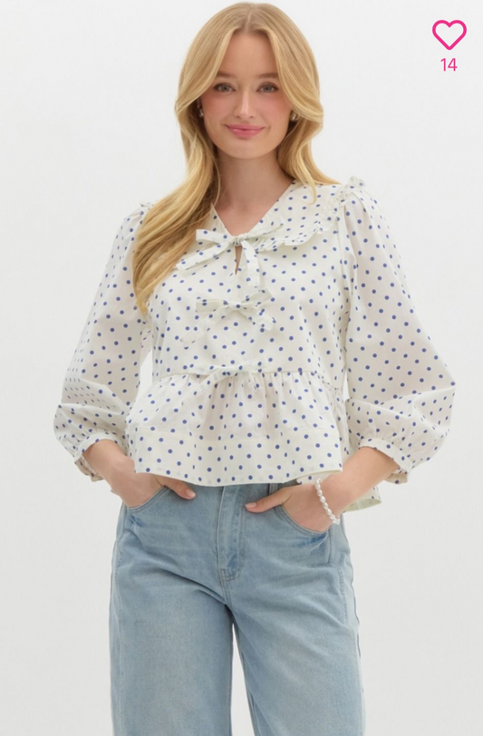 Polka Dot Print Front Tie Closure Top