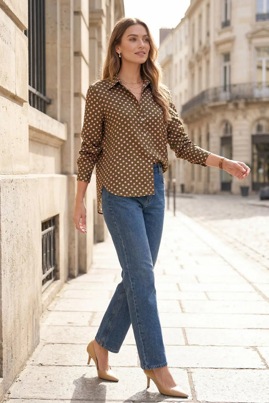 LONG SLEEVE BUTTON DOWN POLKADOT TOP