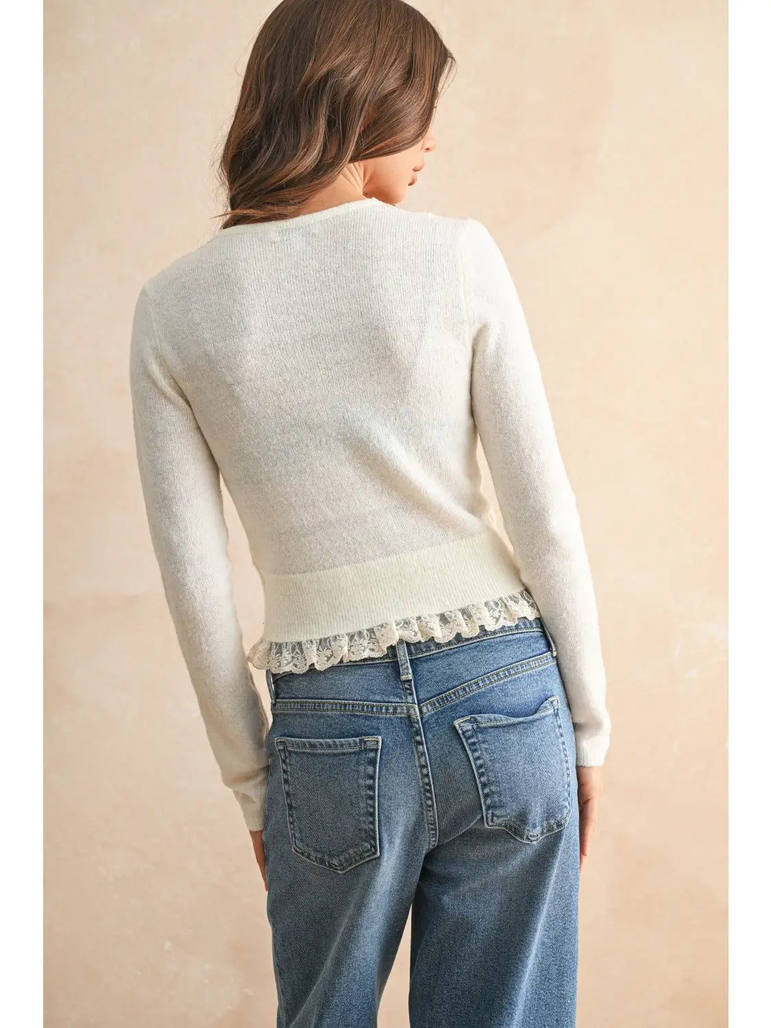 Cream Lace Contrasted Knitted Cardigan