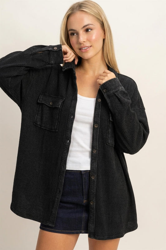 Mineral Wash Waffle Knit Button-up Shacket