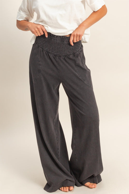 Mineral Washed Wide-leg Smocked Waist Pants