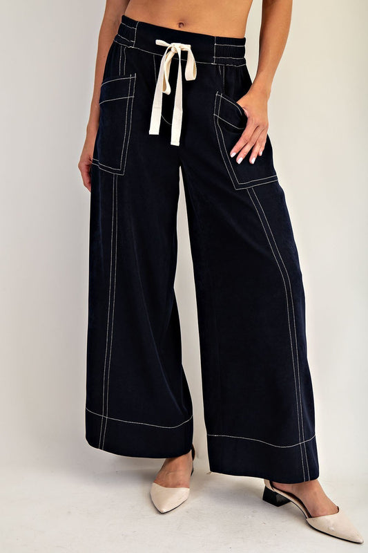Contrast Stitch Wide Leg Pants