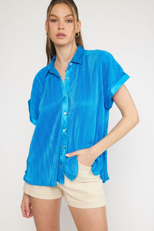 Pleated satin collared button up top