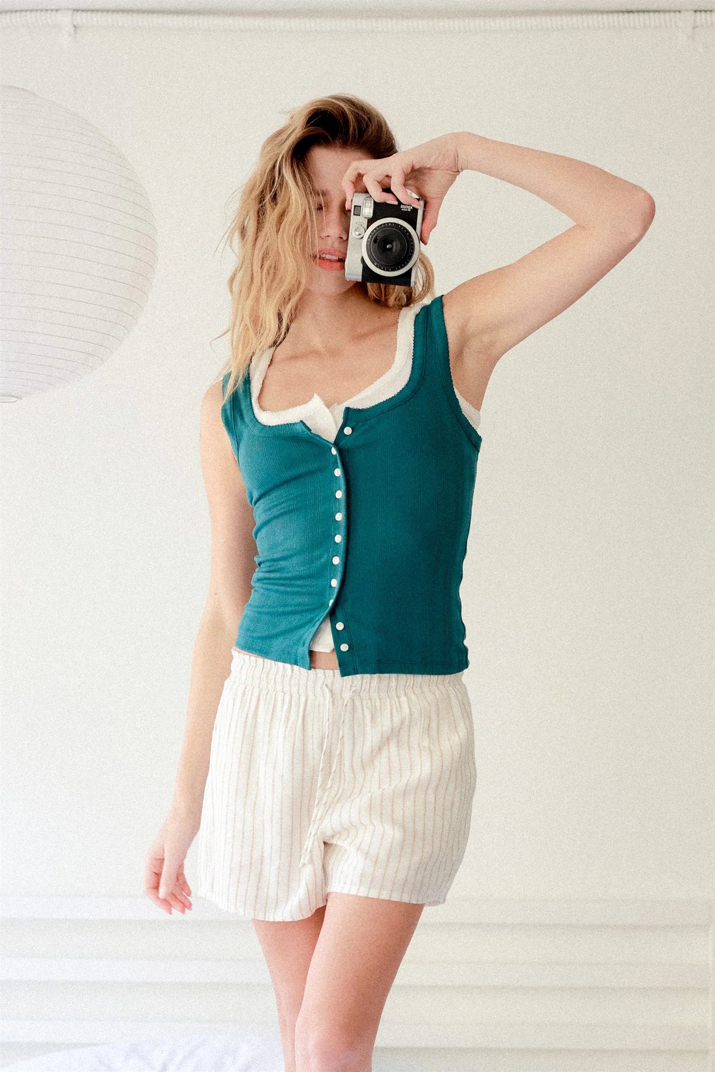 Teal Buttoned Scoop Neck Tank Top
