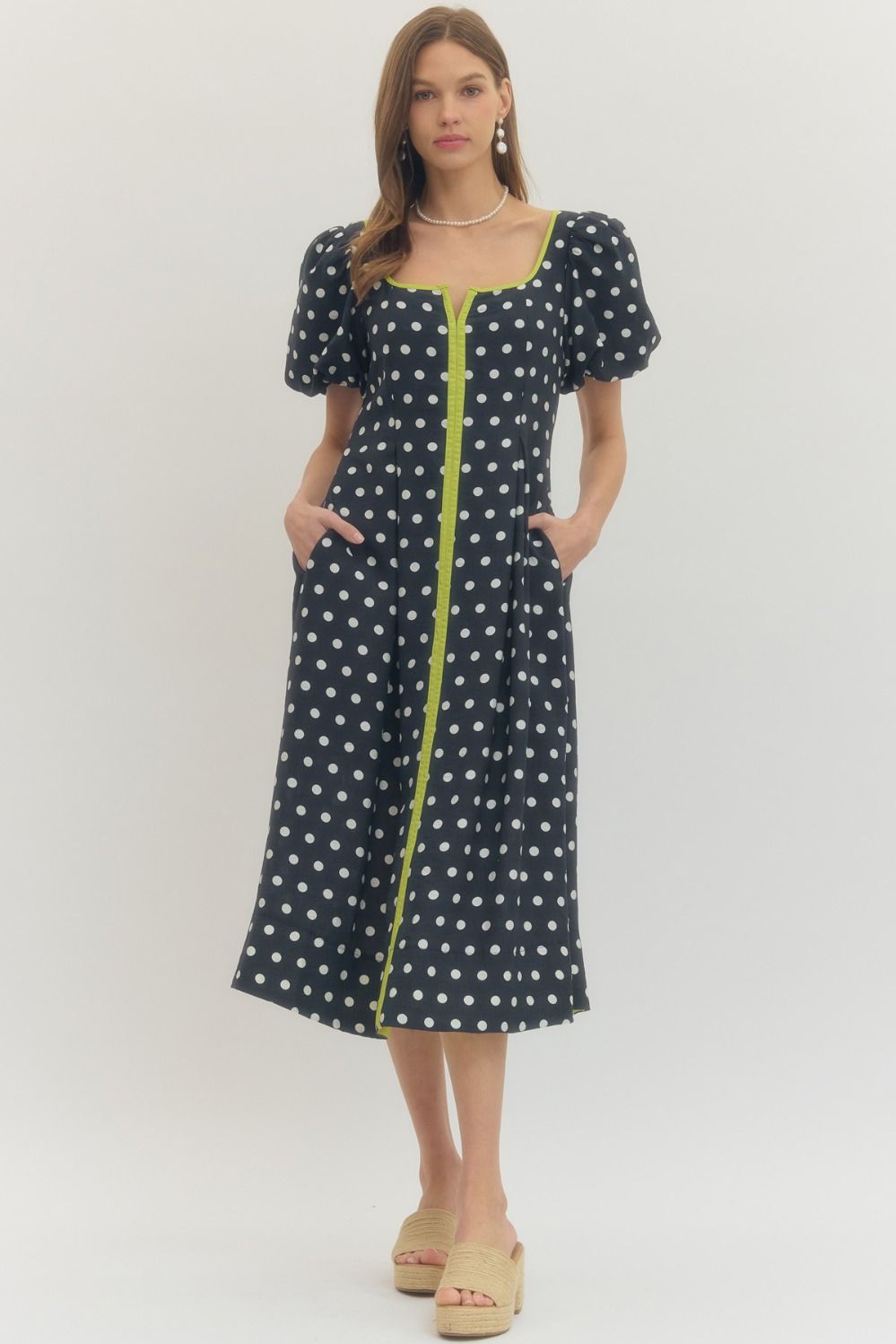 Polka dot short puff sleeve midi dress