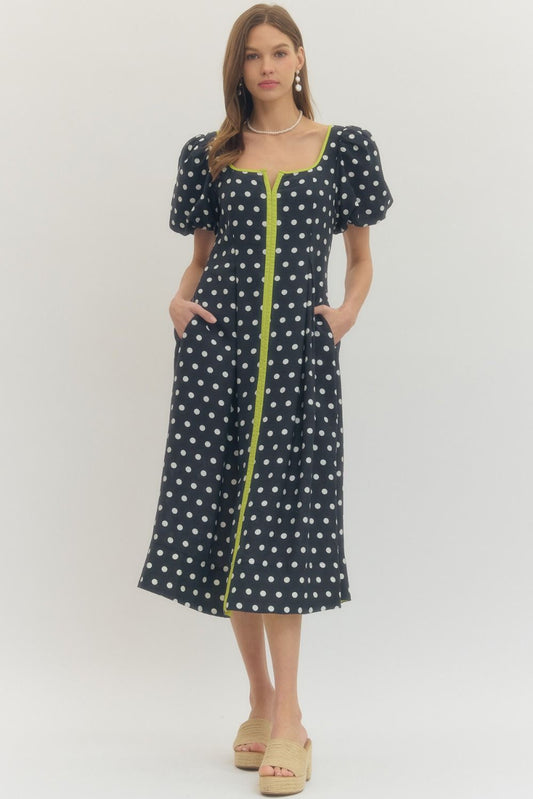 Polka dot short puff sleeve midi dress