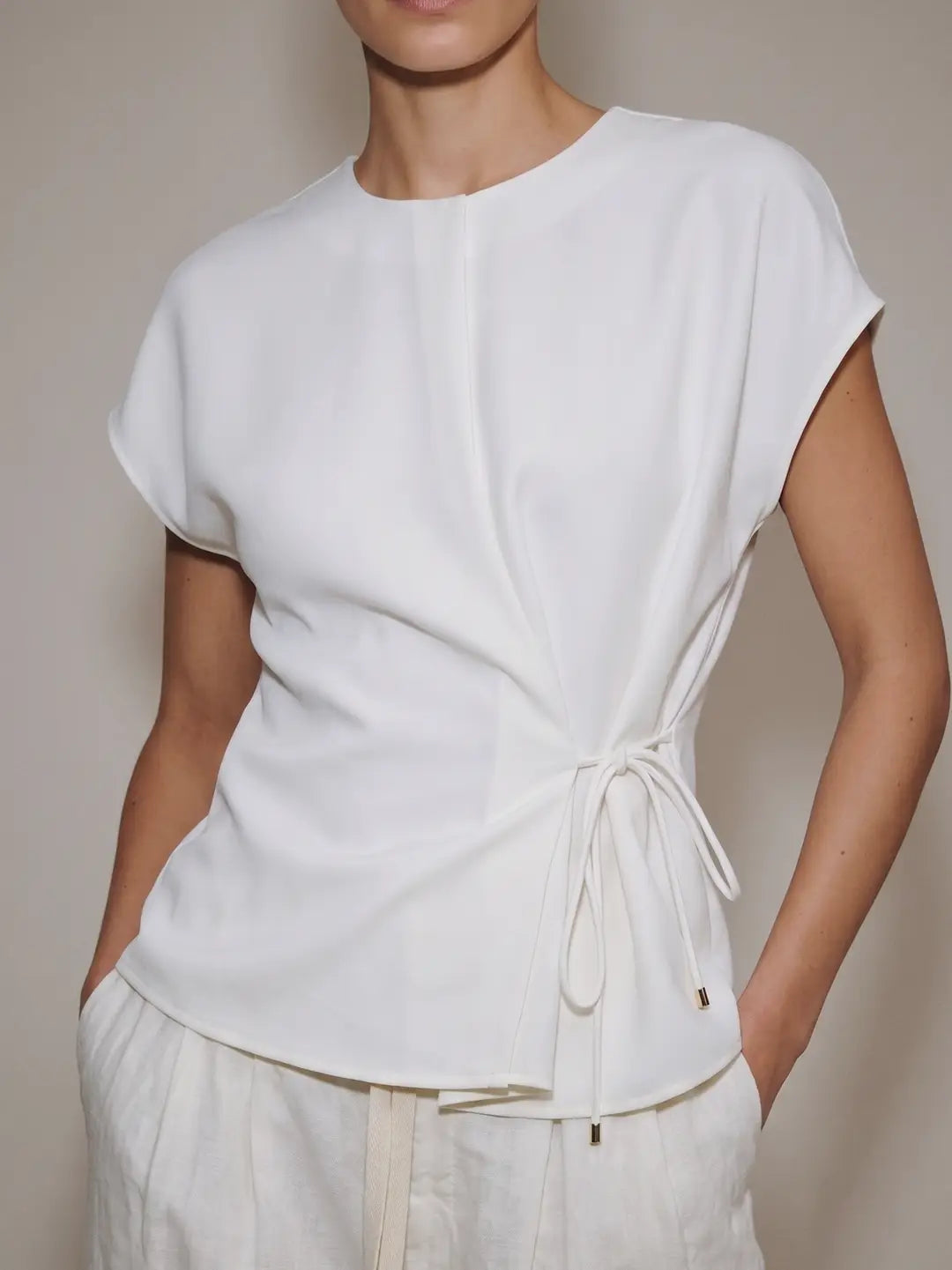 White Short Sleeve Front Tie Top