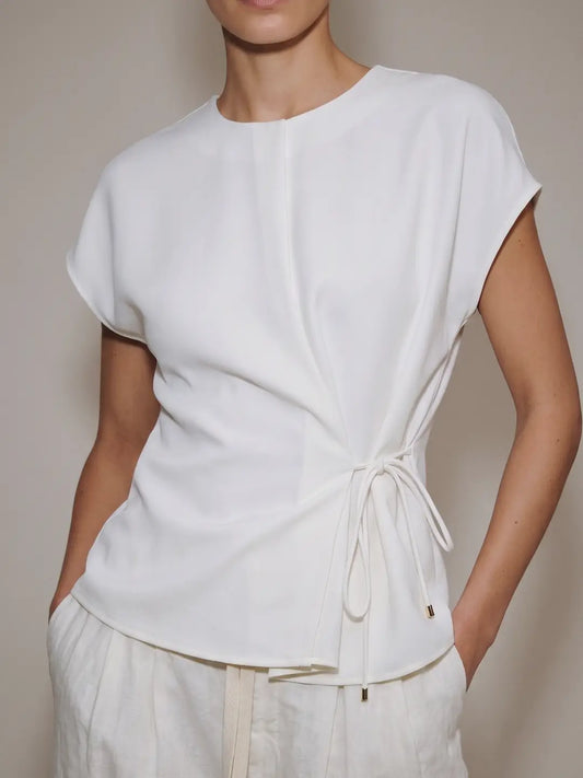 White Short Sleeve Front Tie Top