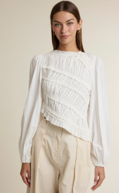 Ruched Long Sleeve Round Ruffle Neck Asymmetrical Hem Top