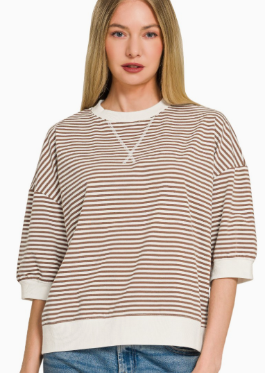 Striped Rib Banded Short Sleeve Pullover
