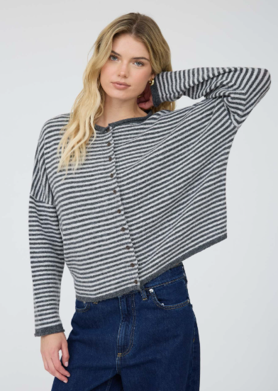 Stripe Knit Cardigan- Charcoal
