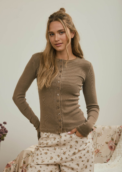 Button Front Round Neck Long Sleeve Knit Top- Brown
