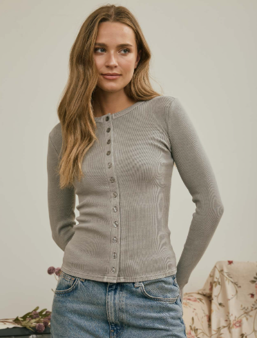 Button Front Round Neck Long Sleeve Knit Top- Grey