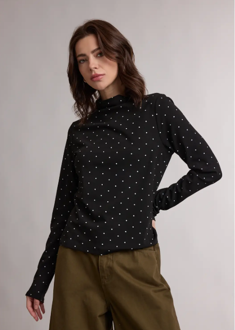 Polka Dot Mock Neck Long Sleeve Top