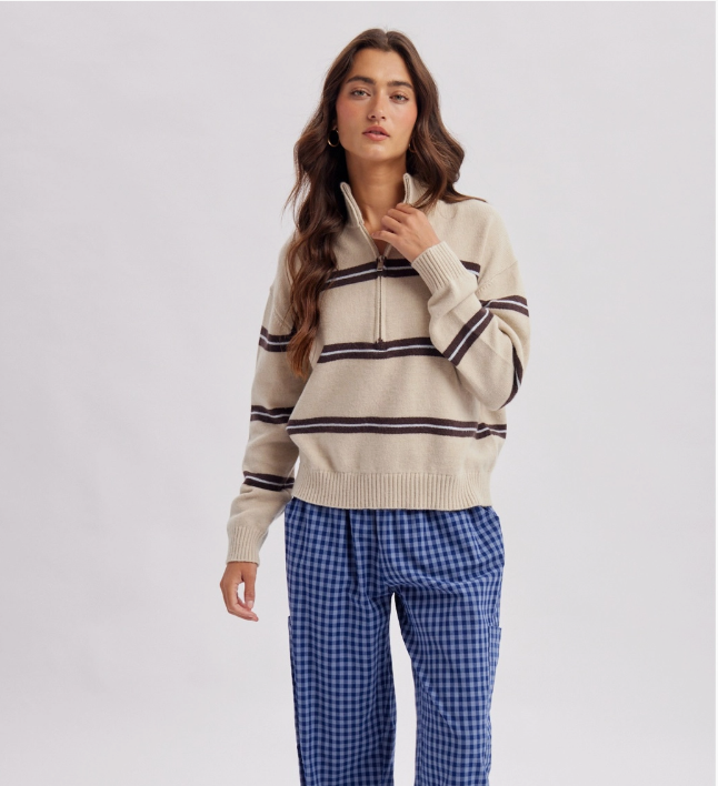 Striped Zip Mockneck Sweater
