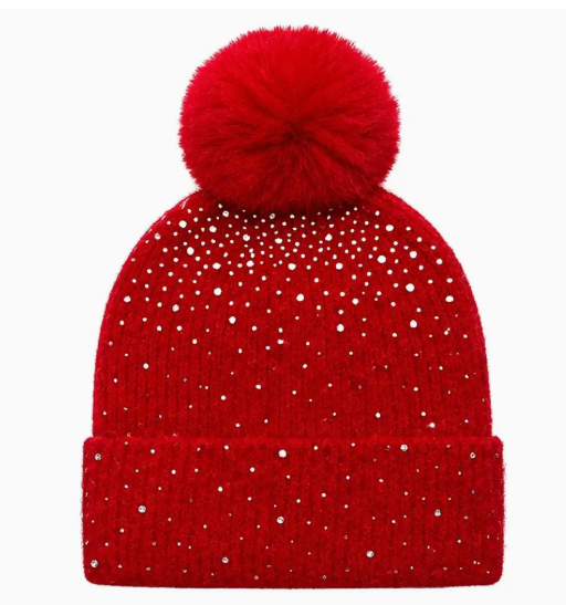 Rhinestone Knit Faux Fur Pom Pom Cuff Beanie