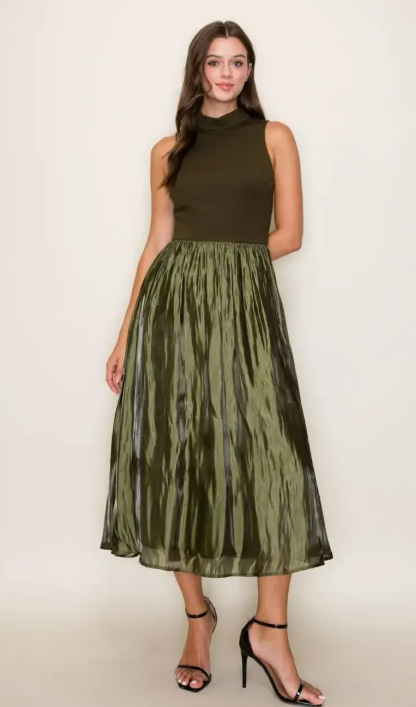 Contrast Taffeta Turtle Neck Midi Dress