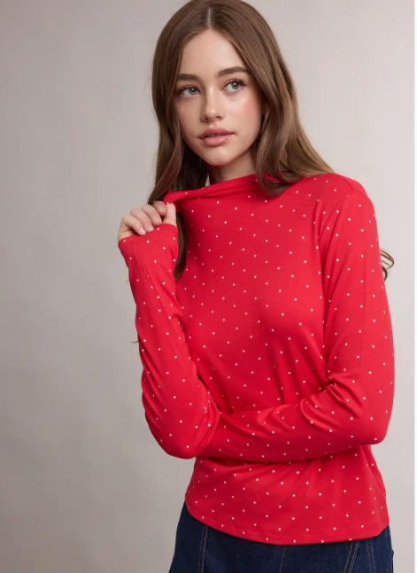 Polka Dot Mock Neck Long Sleeve Top