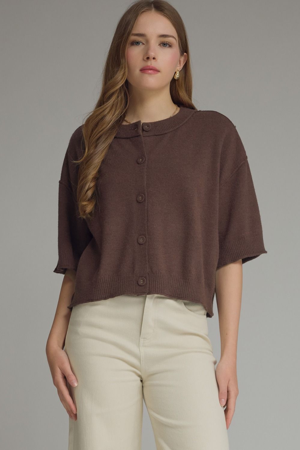 Solid round neck short sleeve jacket