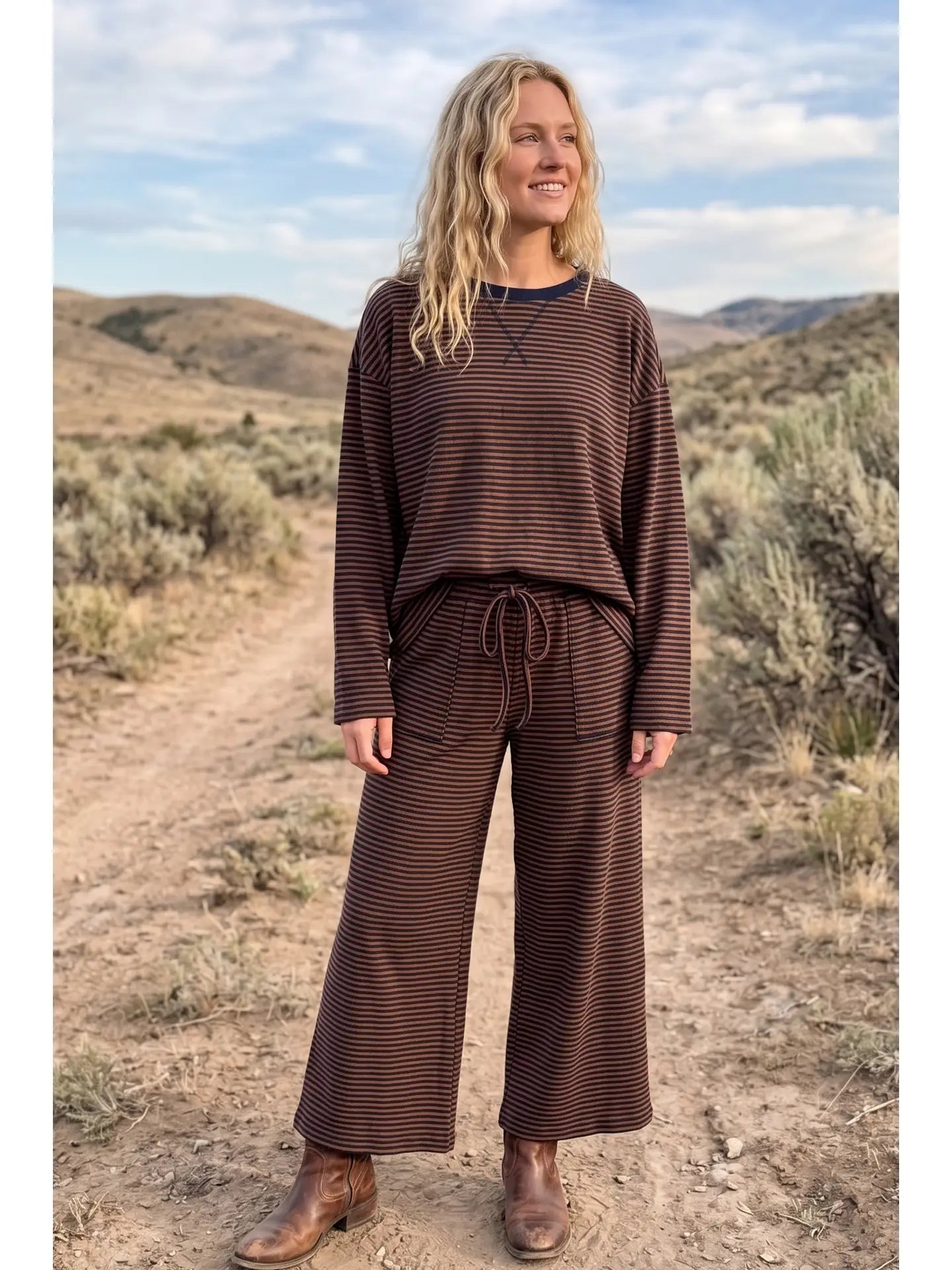 Striped Relaxed Top & Wide Leg Pants Knit Set
