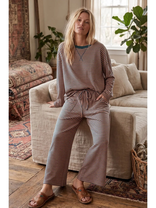 Striped Relaxed Top & Wide Leg Pants Knit Set