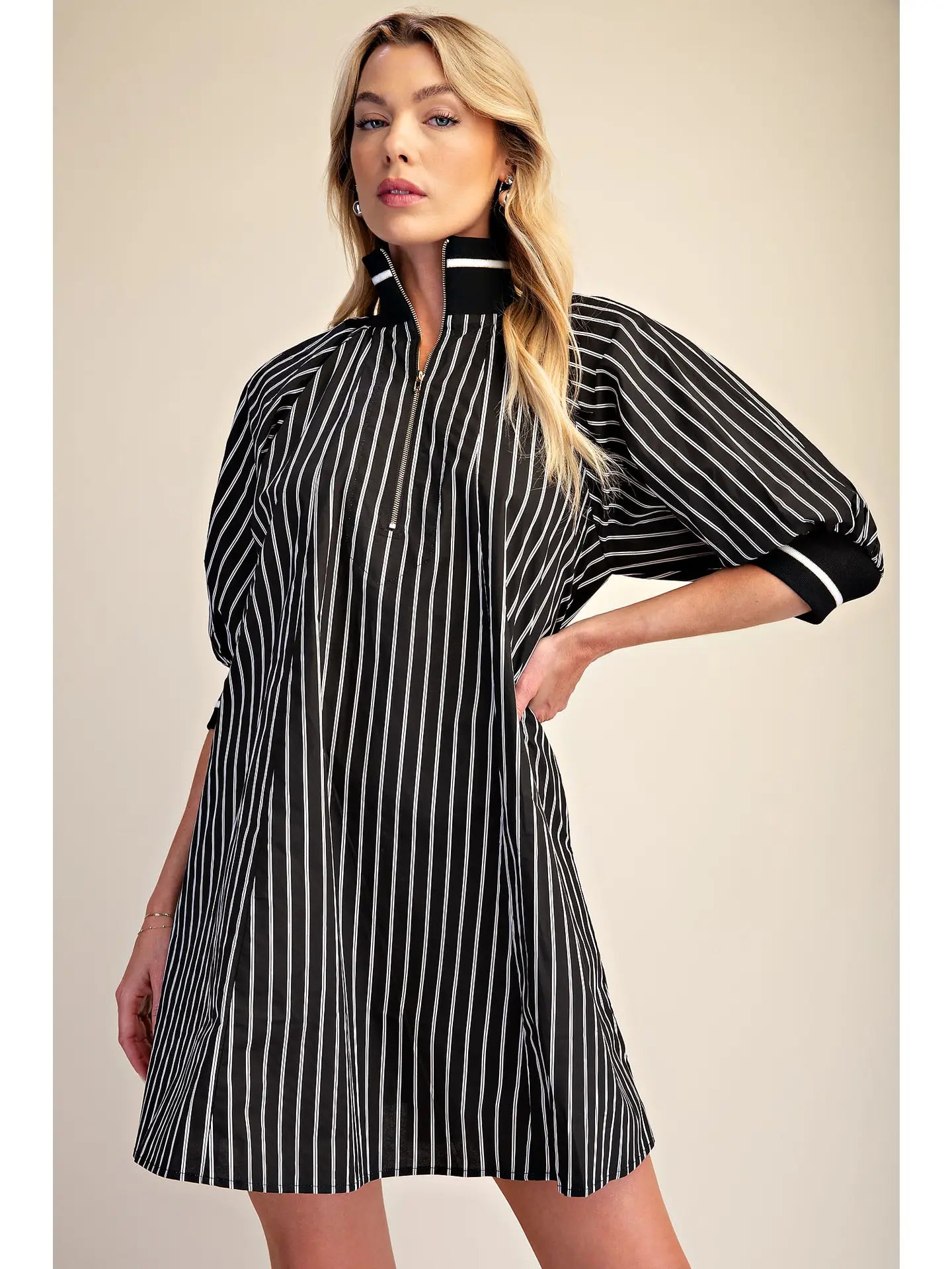 Mock Neck Half Zip Stripe Mini Dress