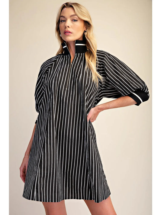 Mock Neck Half Zip Stripe Mini Dress