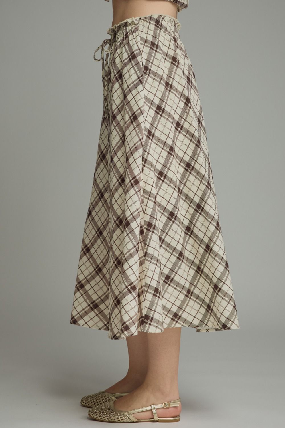Cream and Brown Plaid Peplum Set