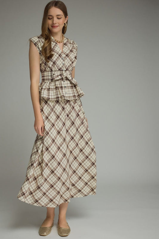 Cream and Brown Plaid Peplum Set