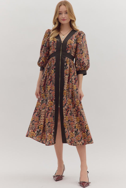 Paisley Print Puff Sleeve Dress