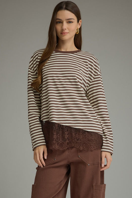 Asymmetrical Lace Hem Striped Top