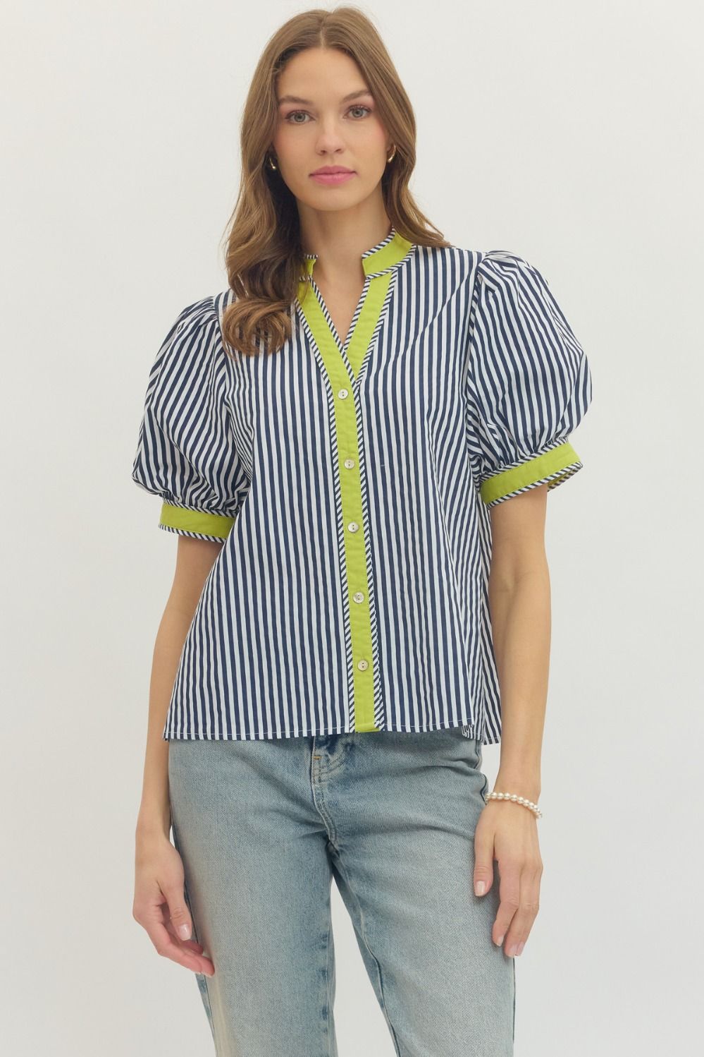 B&W Striped Button Up Blouse (plus size)
