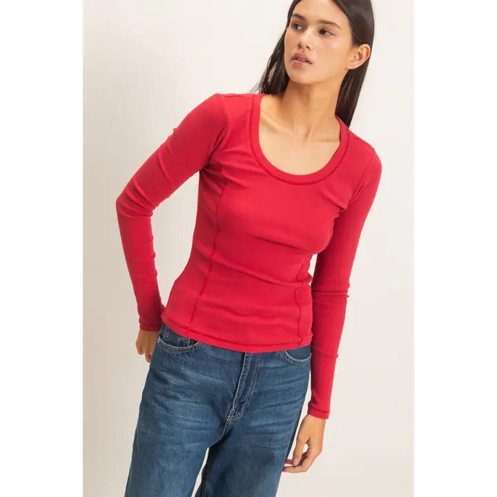 Red Fitted Scoop Neck Top