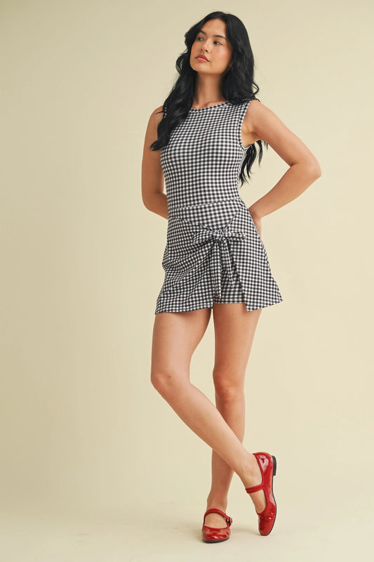 Gingham Print Sleeveless Wrap Tie Front Dress