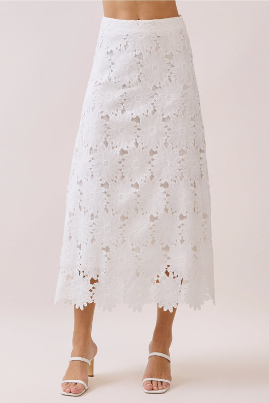 White Floral Lace Midi Skirt