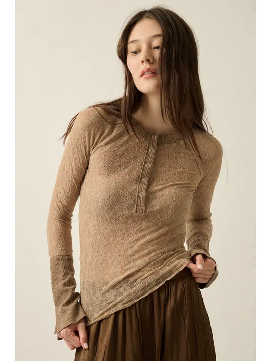 Floral Lace Split-Cuff Raglan-Sleeve Henley Top