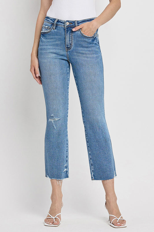 High Rise Raw Hem Straight Jeans