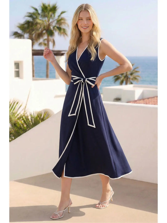 Contrast Piping Wrap Dress