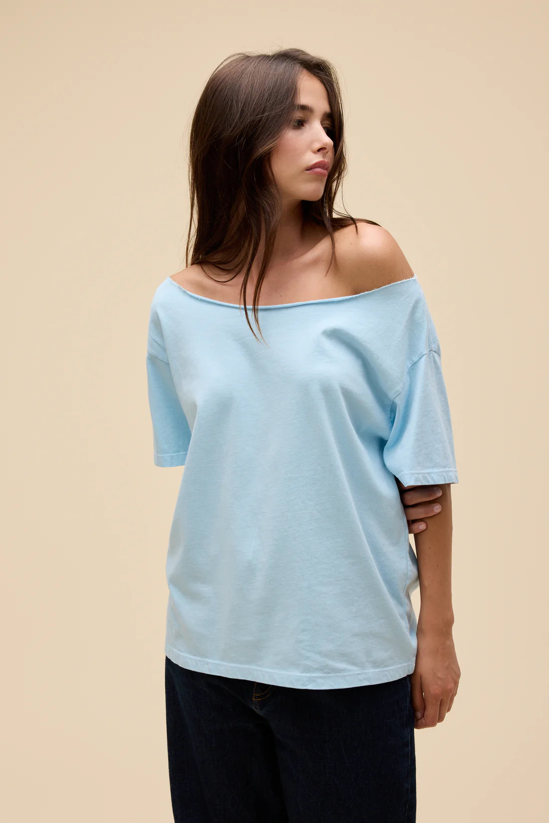 Off the shoulder blue tee