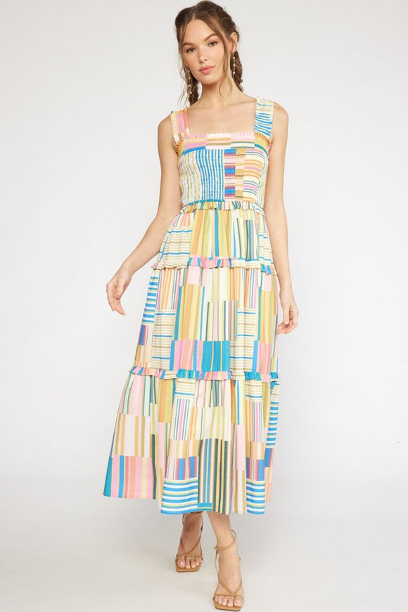 Stripe square neck tiered maxi dress