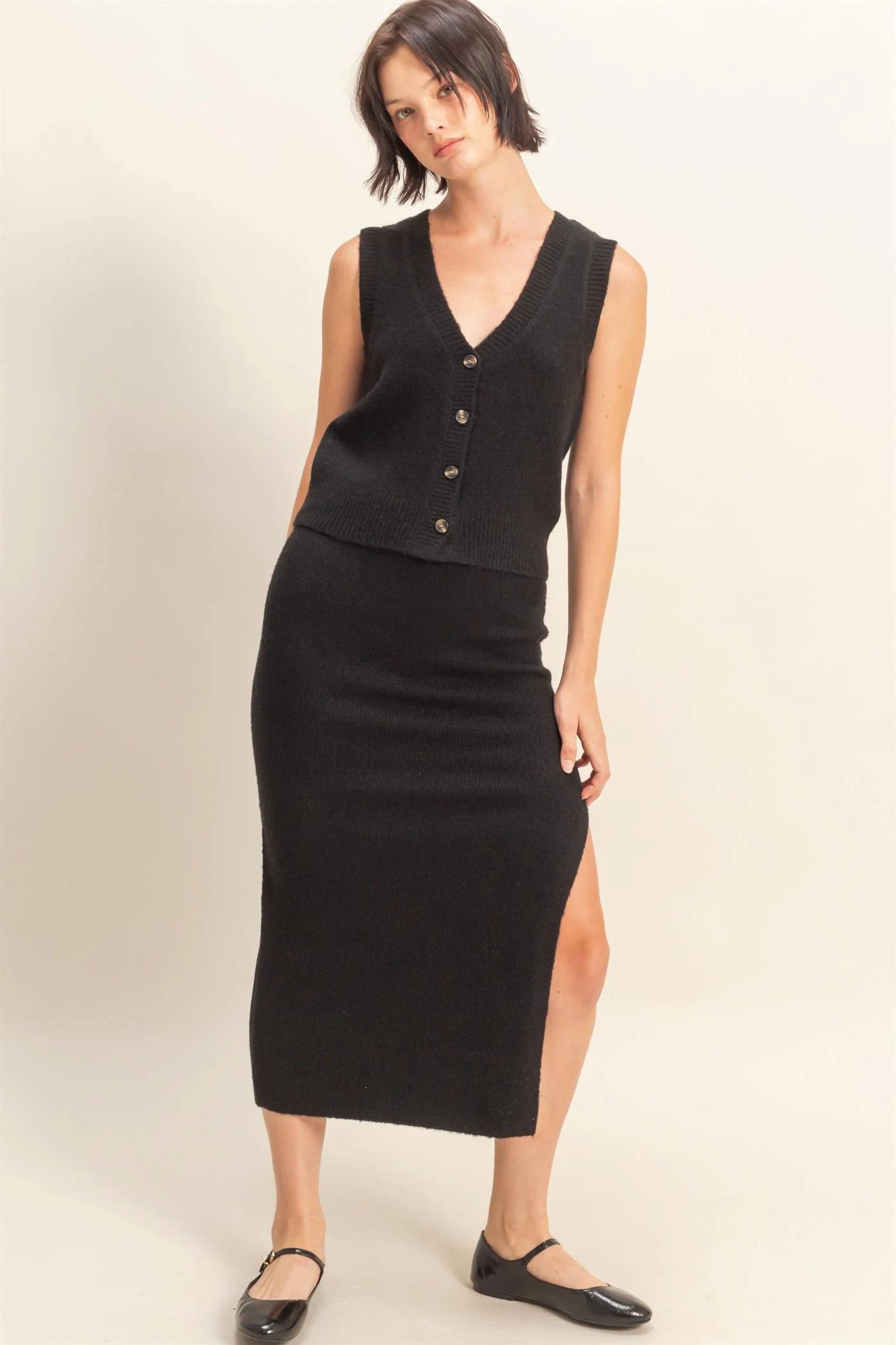 Knit Button Front Vest & Midi Skirt