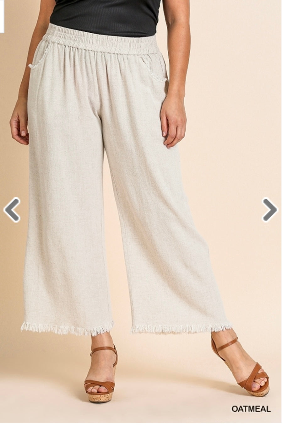 Oatmeal Wide Leg Pant Frayed Hem Curvy