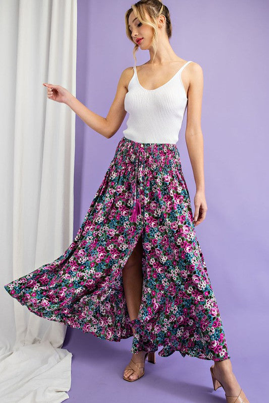 Button Front Floral Maxi Skirt