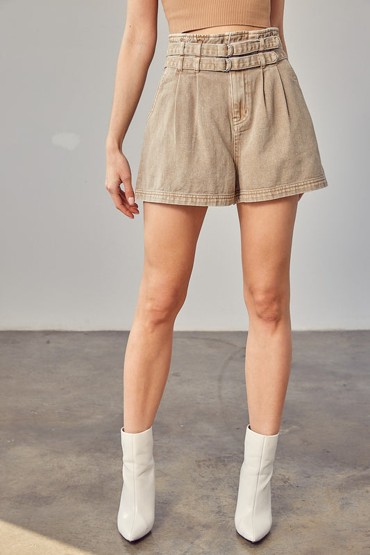 Double Belted Denim Shorts