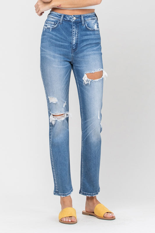 High Rise Distressed Straight Jeans