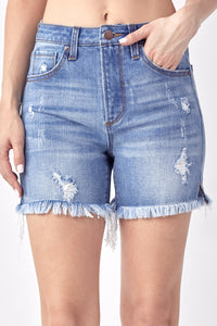High Rise Mid Thigh Distressed Shorts