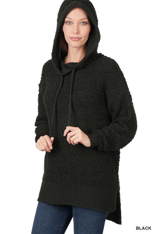 Hooded Hi-Low Hem Popcorn Sweater
