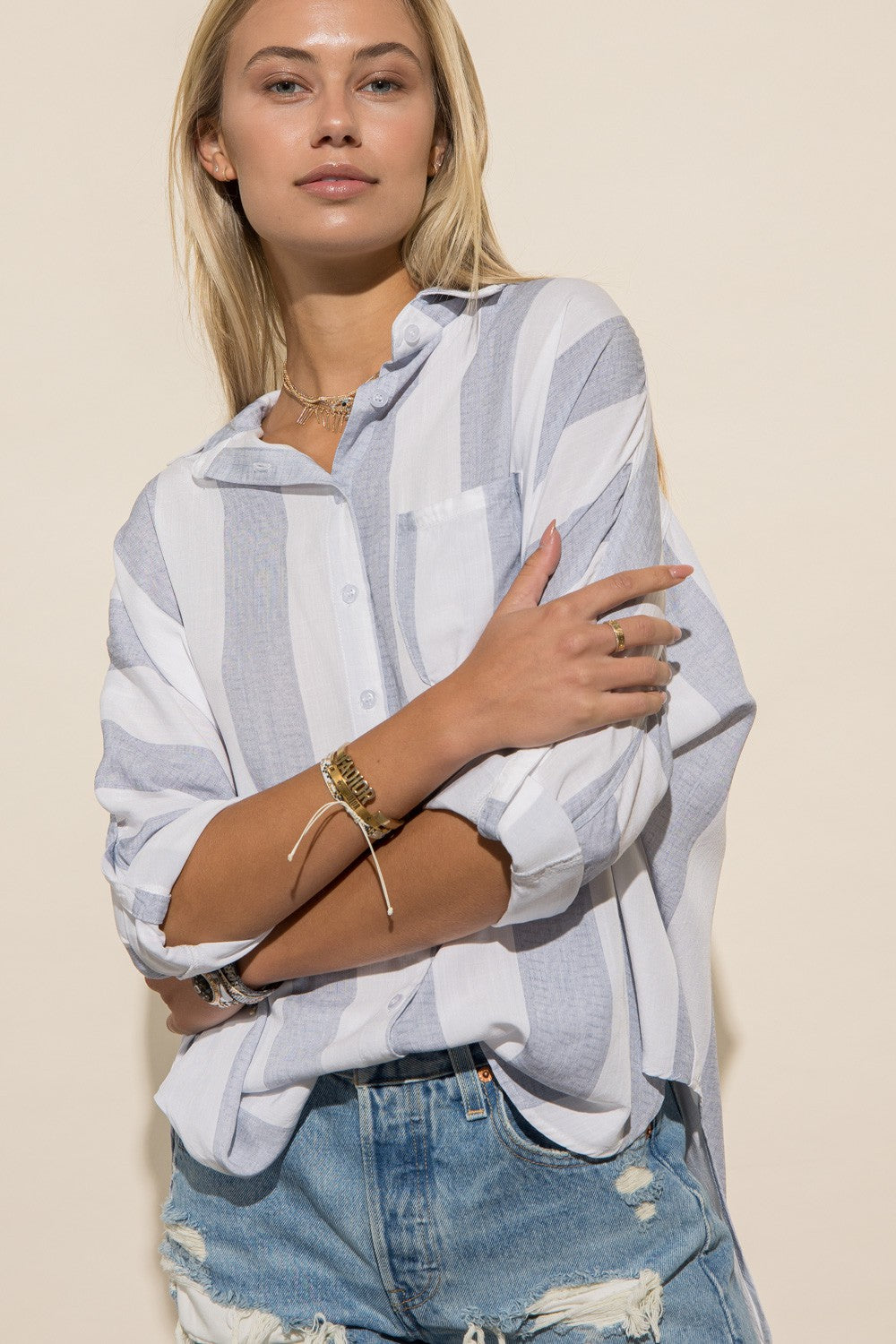 striped linen button down