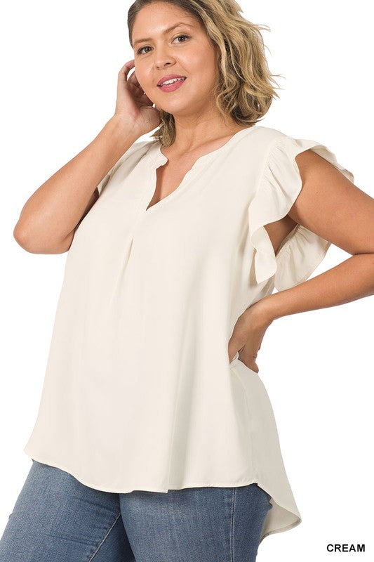 Cream Ruffle Sleeve Tank Curvy